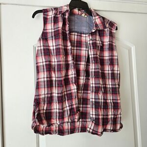 Dakini Vest Boyfriend Shirt Women Medium Red White Blue Plaid Vented Lightweight